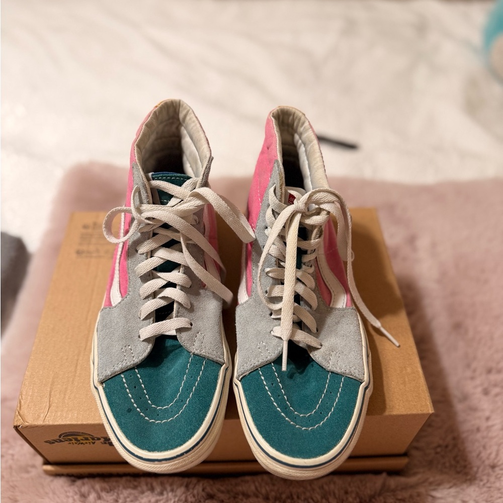 Vans Women's Teal, Pink, and Gray High-Top Sneakers
